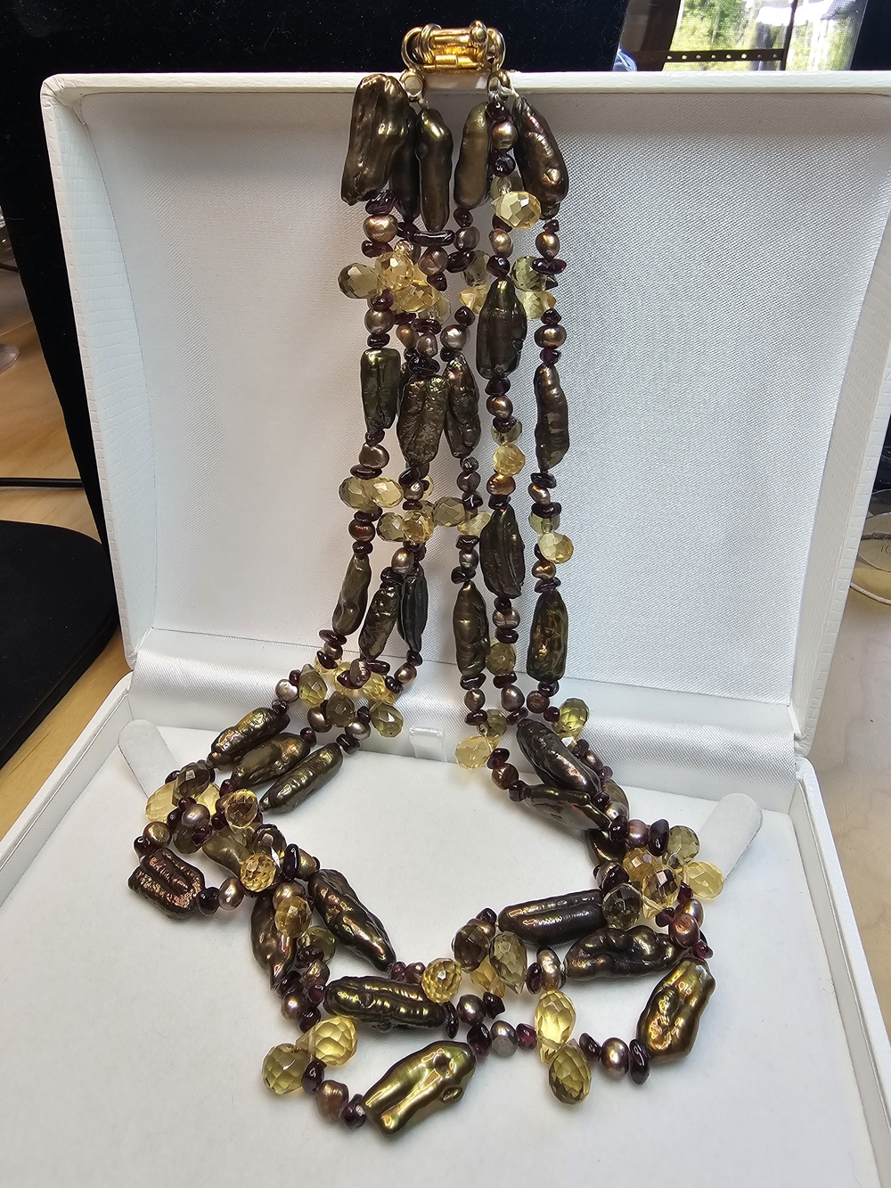Multi-Strand Brown and Gold Baroque Pearl & Crystal Necklace